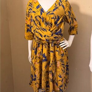 DKNY Mustard Yellow Floral Wrap Midi Dress with Navy Leaf Print